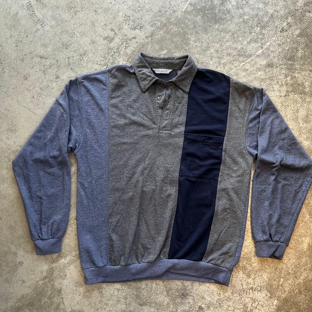DavidTaylor Vintage 90s Colorblock Polo Sweatshirt Men's L Long Sleeve Gray Blue